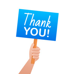 Thank you. Cartoon poster with hand holding placard for banner design. Banner, Billboard design. Vector stock illustration.