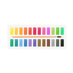 Painting supplies, color palettes, colorful tubes, watercolors, oil paints, acrylic paints.