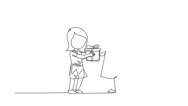 Self drawing animation of single line draw girl giving her friend birthday gift box. Children receiving gift from friend. Child hand over holiday present. Continuous line draw. Full length animated