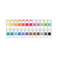 Painting supplies, color palettes, colorful tubes, watercolors, oil paints, acrylic paints.