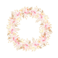 Watercolor peaches flowers wreath. Gentle design peach flowers templates for wedding design, invitation, postcards.