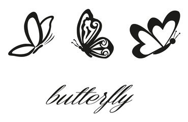 Fototapeta na wymiar Mariposas en blanco y negro contorno sobre un fondo blanco liso y aislado. Vista de frente y de cerca.