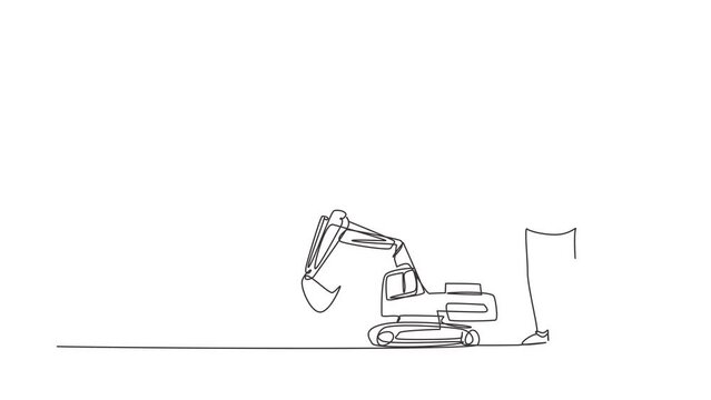 Animated self drawing of continuous line draw boy playing with remote-controlled excavator toy. Kids playing with electronic toy excavator with remote control in hands. Full length one line animation
