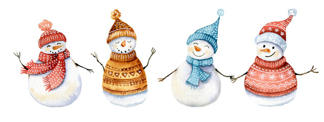 Cute snowmen in knitting hats hand drawn watercolor christmas character set.