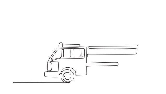 Animated self drawing of continuous line draw fire engine icon logo. Firefighter truck automobile side view. Auto in flat design. Children's toy fire truck concept. Full length single line animation