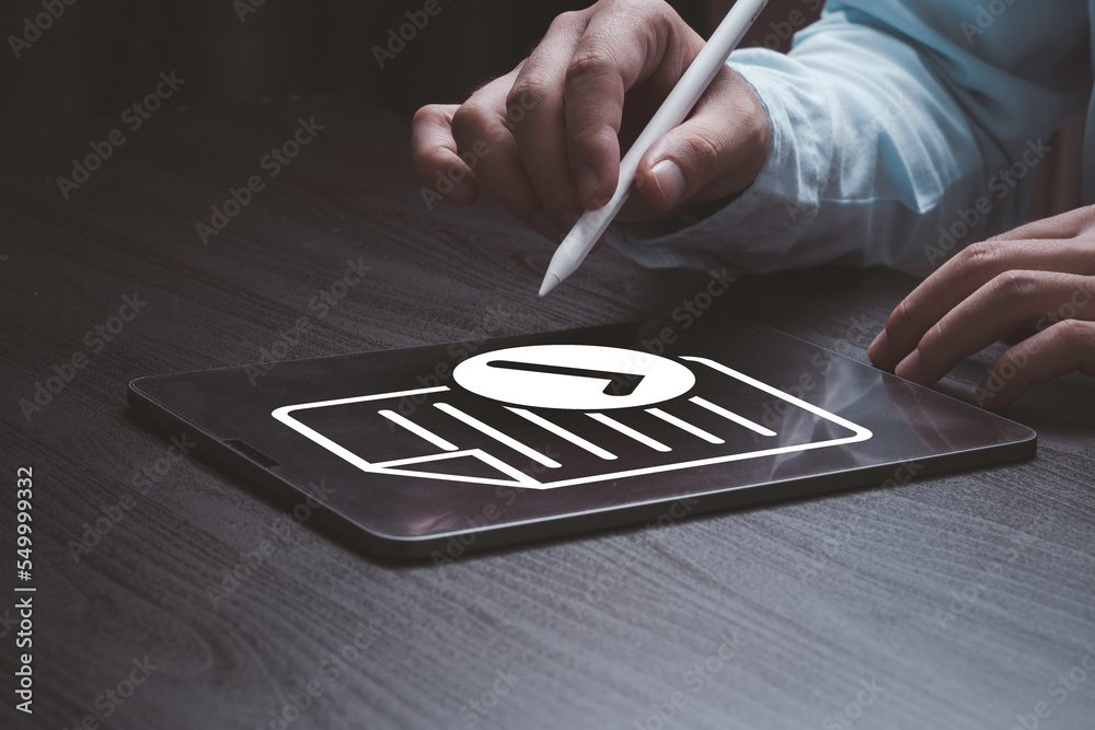 Poster businessman using tablet and electronic pen with virtual document and mark correct sign for online a