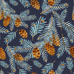 Christmas seamless pattern with hand drawn watercolor blue fir branches and cones. Christmas background with traditional elements