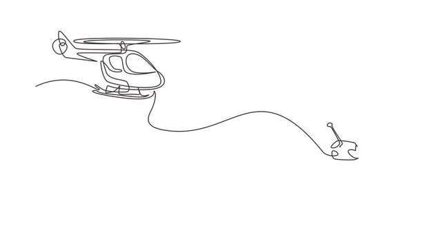 Animated self drawing of continuous line draw boys playing with radio-controlled helicopter. Kids playing holding rc controllers. Smiling children with modern toys. Full length single line animation