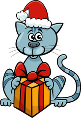 cartoon cat or kitten with gift on Christmas time