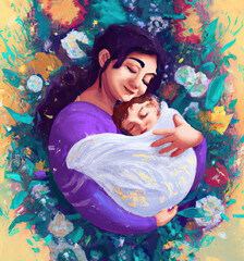 Mother holding her newborn with a smile on colorful background