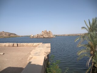 Philae temple and Greco-Roman buildings seen from the Nile, a temple of Isis, love. Aswan. Egyptian