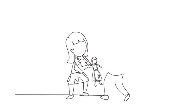 Self drawing animation of single line draw girls fighting over a princess doll. Conflict between children. Kids sibling fighting in playroom because of toy. Continuous line draw. Full length animated