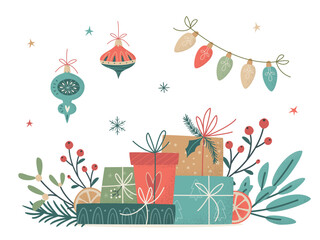 Merry Christmas and Happy New Year vintage concept. Gift boxes with xmas decorations, floral brunches and garland. Vector illustration in retro minimalistic style