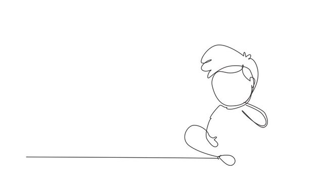 Animated self drawing of continuous line draw cute little boys sitting on the floor puts coins in a piggy bank and dreams of buy something. Concept of saving money. Full length one line animation