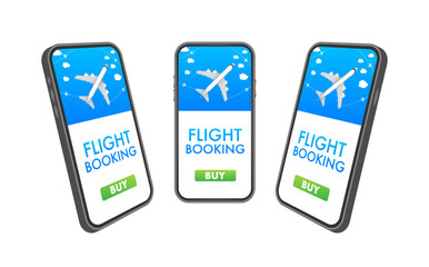 Airline tickets online, flight booking. Buying or booking online ticket. Travel, business flights worldwide. Vector illustration.
