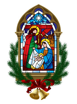Stained glass window of the scene of the birth of Jesus Christ in a classic Gothic frame framed by spruce branches with bells isolated on white. Vector illustration