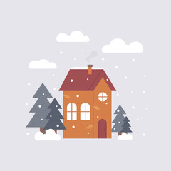 Cute winter illustration of house with Christmas trees and snow flat style. Perfect for greeting card, poster or print for clothes