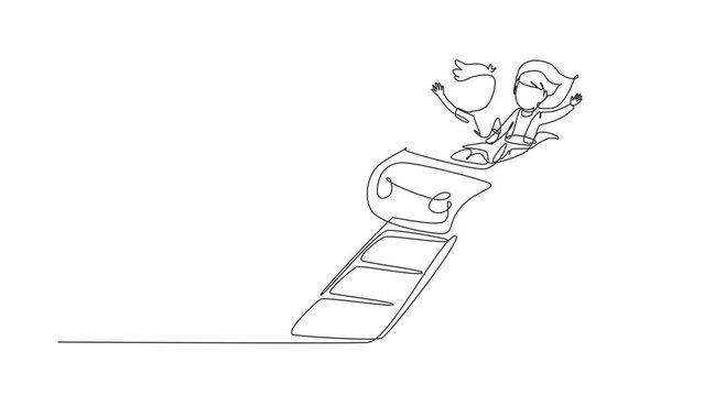 Animated self drawing of continuous line draw kids on rollercoaster rides. Boy, girl riding fast at amusement rides, happy laughing or excited scared on amusement park. Full length one line animation