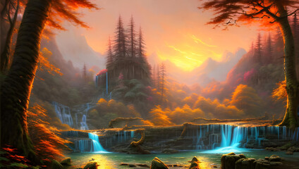 a magical fantasy forest landscape in autumn with a river and waterfalls in the sunset - painting - illustration