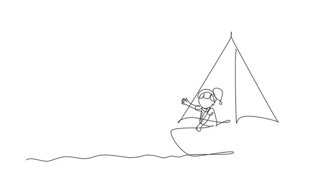 Animated self drawing of continuous line draw smiling little girl in sailboat. Happy kids sailing boats. Cute little children on boat. Joyful adventures and travel. Full length one line animation