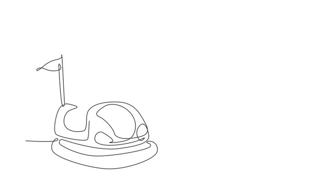 Animated self drawing of single continuous line draw cute little boy riding in bump car. Happy kids driving bumpercar. Children riding bump cars in amusement park. Full length one line animation