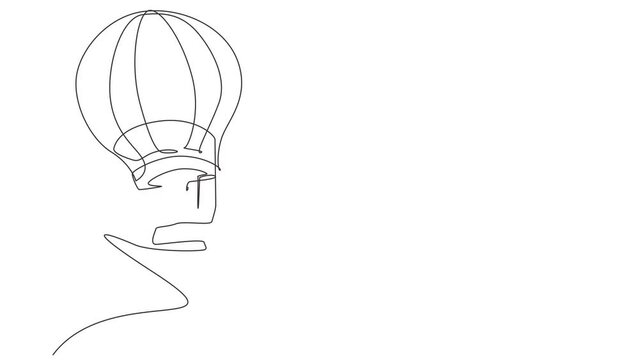 Self drawing animation of single line draw boy aeronaut in hot-air balloon at sky. Happy kids riding hot air balloon. Children on hot air balloon adventure. Continuous line draw. Full length animated