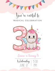 Birthday invitation with number 3 and unicorn