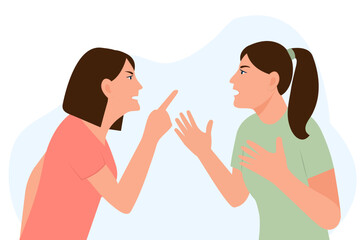 Fototapeta premium Young women quarrel. Aggressive girls Yelling. Aggression, conflict concept. Flat vector illustration.