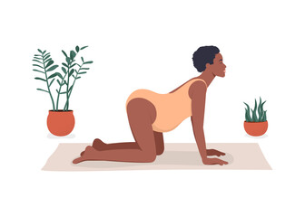 Dark skinned pregnant woman exercising during pregnancy. Mom with belly practicing prenatal yoga in cat pose. Mother in cow position. Vector illustration isolated on white background 
