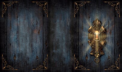 Book cover template with magical door lock on wooden background.Free-hand Digital painting. Not AI