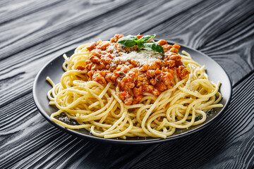 delicious Bolognese pasta on a black plate