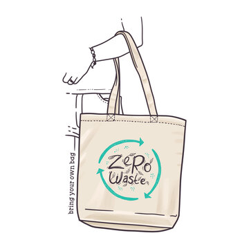 Woman holding reusable grocery bag. Zero waste concept Vector illustration