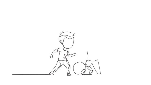 Animated self drawing of continuous line draw boy and girl playing football. Two little kids playing sport at playground. Children kicking ball by foot between them. Full length single line animation