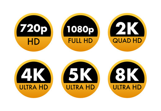 Video dimension labels. Video resolution 720, 1080, 2k, 4k, 8k badges. Quality design element. Vector stock illustration.