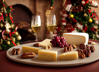 Wine, cheese, pecan nuts on a table with christmas ornaments background