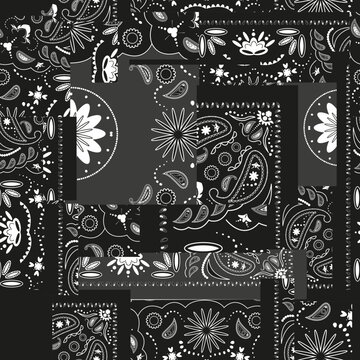 Black bandana kerchief paisley fabric patchwork abstract vector seamless pattern
