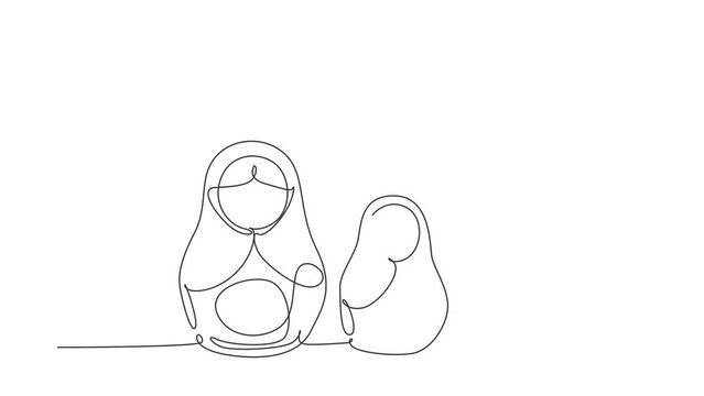 Animated self drawing of continuous line draw matryoshka russian nesting dolls of different sizes, souvenir from Russia. Traditional Russian matryoshka dolls. Full length single line animation