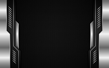 Abstract black and silver polygons on dark steel mesh background. with free space for design. modern technology innovation concept background
