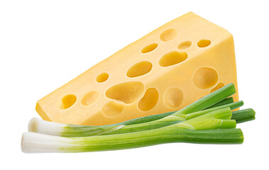 Triangle of cheese with green onion isolated on white background