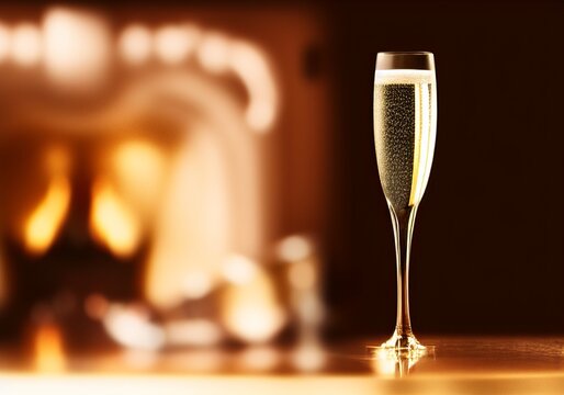 AI-generated Image Of A Glass Of Champagne With A Fireplace In The Background
