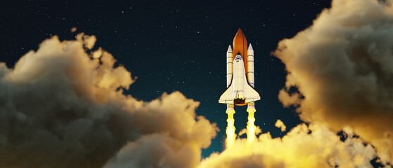 Space Shuttle Launch. Spaceship takes off into night sky. 3d rendering - obrazy, fototapety, plakaty