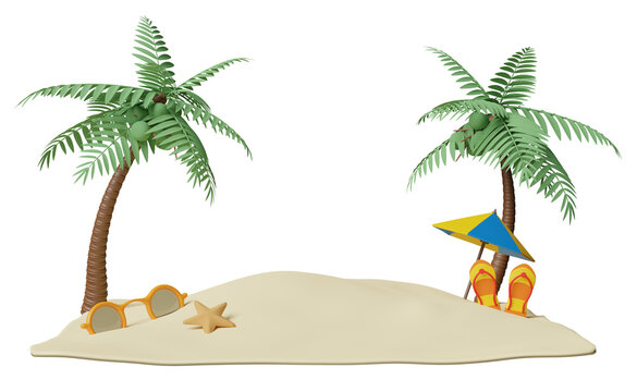 summer travel with  beach, island, umbrella, coconut tree, sandals, starfish, bokeh, sunglasses isolated. concept 3d illustration or 3d render