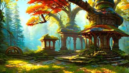 Fototapeta premium ruins in a fantasy colored forest with intricate mural on a sunny day - vibrant colors - painting - illustration