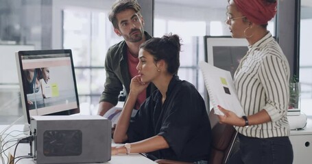 Designer teamwork, computer and digital marketing, web design and seo planning, software innovation and collaboration in advertising agency. Young creative workers, desktop technology and ux startup - Powered by Adobe