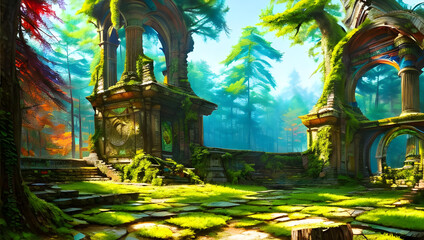 Fototapeta premium Ruins in a fairytale imaginative colourful forest with intricate wall painting on a sunny day - bright colours - painting - illustration