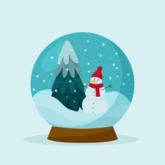 Winter snow globe with snowman and tree. Holiday greeting card, invitation, banner