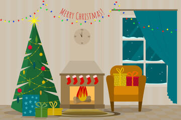 Christmas interior with tree, fireplace, presents, gifts, chair, clock, decorations. Holiday greeting card, invitation, banner