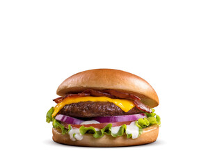 Fresh tasty burger on green and yellow background. cheese beef burger consists of bun bread, lettuce, tomato, onion, mayonnaise, and cheddar cheese - obrazy, fototapety, plakaty