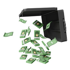 dollar banknote fall out from black briefcase, suitcase isolated. investment or business finance, leak money dollar concept, 3d illustration or 3d render