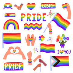 Vector LGBTQ stickers set. Hands different color holding LGBT flag together, hands holding rainbow colored heart, hand in a fist with rainbow bracelet isolated symbols illustration